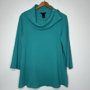 Ali Miles Cowl Neck Tunic Top Size L Turquoise Blue Lagenlook
